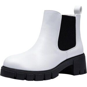 Vepose Women's White Faux Leather Lug Sole Elastic Slip on Ankle Booties